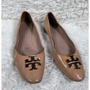 Tory Burch Raleigh Leather Ballet Flats Gold Logo Womens Size 9.5M Beige